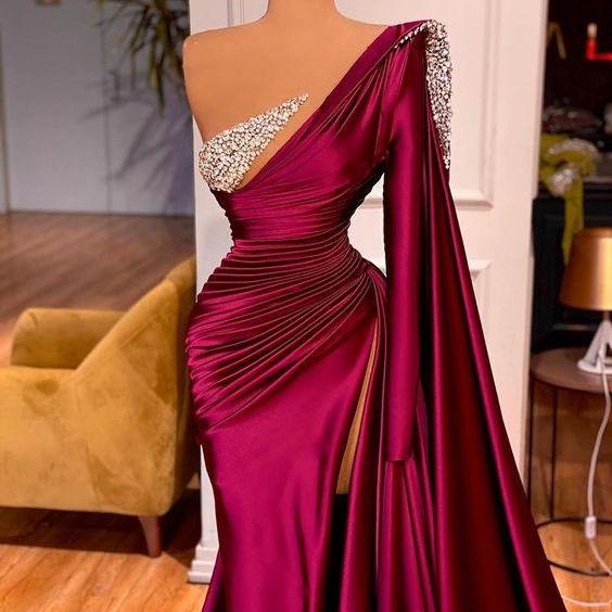 One Shoulder Ruched Satin Long Dress With Ribbons Burgundy