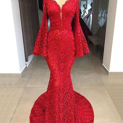 Long Sleeve Red Lace Evening Dresses For Women Mermaid Flare Sleeve ...