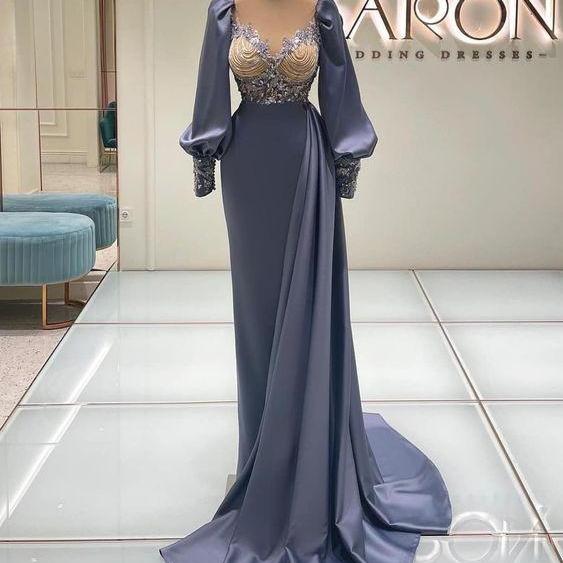 robe de soiree femme long sleeve beaded prom dresses for women elegant vintage muslim modest arabic prom gown vestidos elegantes para mujer 