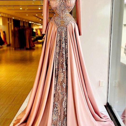 vestidos de fiesta de longo high neck pink prom dresses long sleeve lace applique elegant cheap prom gown robes de soiree femme 
