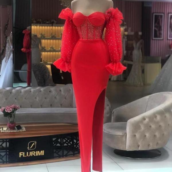 red sparkly evening dresses long sleeve off the shoulder arabic mermaid elegant formal party dresses abendkleider vestidos de fiesta 