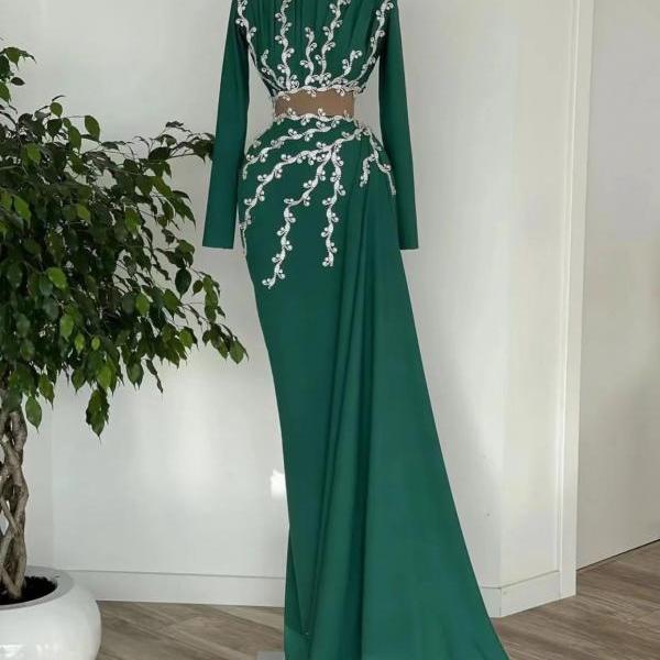high neck green evening dresses lace applique beaded mermaid elegant modest cheap formal dresses vestidos elegantes para mujer 