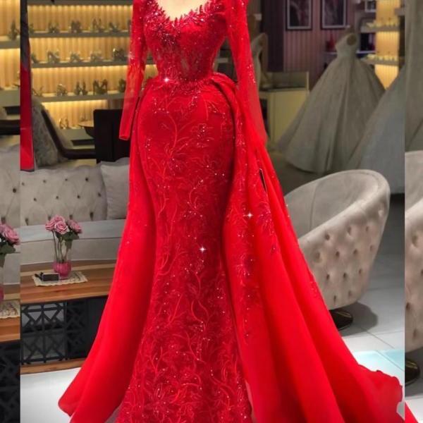 vestidos de fiesta red lace applique prom dresses v neck long sleeve elegant detachable skirt prom gown robes de soiree femme 