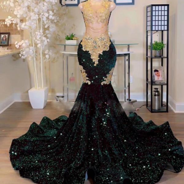 abendkleider sleeveless green sparkly prom dresses for black girl mermaid modest gold lace applique elegant prom gown vestidos de noche luxury glitter formal occasion dresses 