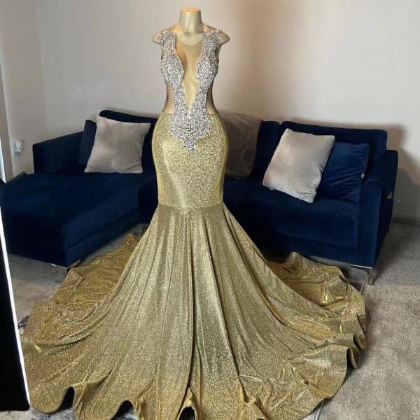 Gold Fashion Prom Dresses for Black Girls O Neck Mermaid Sparkly Crystals Luxury Formal Occasion Dresses Mermaid Sleeveless New Design Evening Wear Vestidos