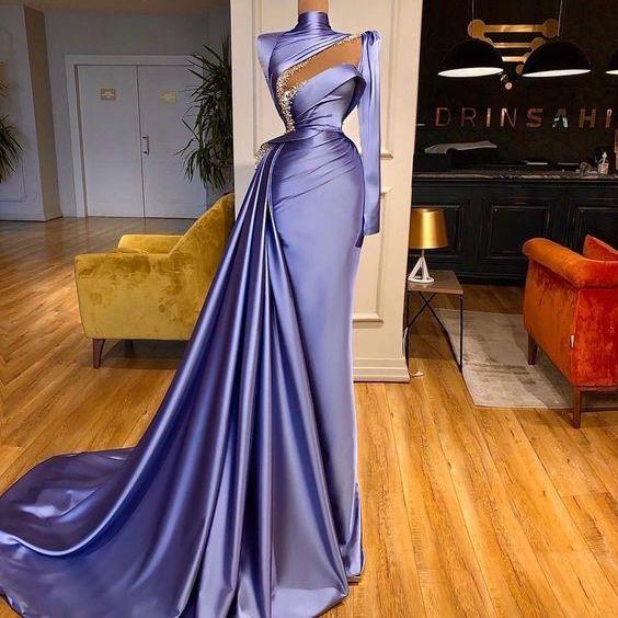 One Shoulder High Neck Prom Dresses, Elegant Beaded Purple Formal Dresses, Vestidos De Fiesta Mujer Para Robes De Soiree Modest Party Dresses, Special Occasion Dresses