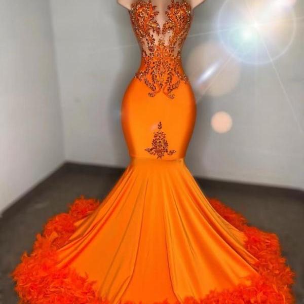 Luxury Orange Prom Dresses 2023 Beaded Applique Mermaid Feather Elegant Prom Gown 2024 Formal Occasion Dresses Vestidos De Noche Abendkleider Sleeveless Fashion Party Dresses Vestidos De Gala 