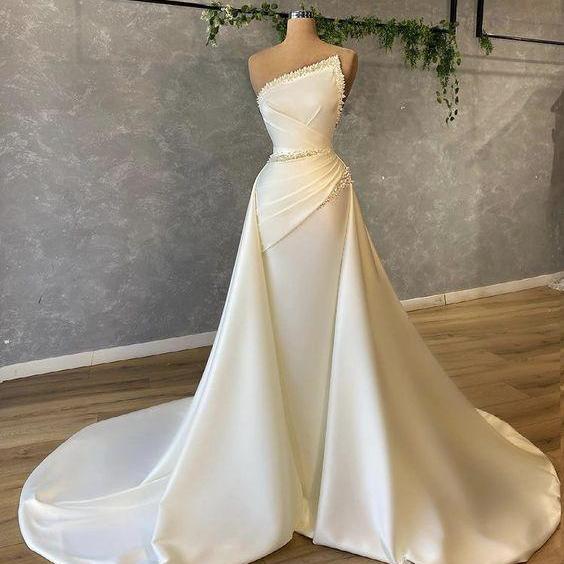 Fashion Bridal Dresses Beaded Peals Elegant Off White Wedding Dresses with Overskirt Vestido De Noiva New Arrival Wedding Gown Robes De Mariage
