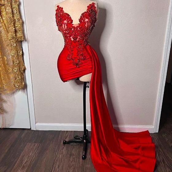 Red Prom Dresses 2024 Lace Applique Beaded Mini Formal Party Dresses V Neck Beaded Fashion Evening Gown Cocktail Dresses 2025 Robes De Soiree Femme