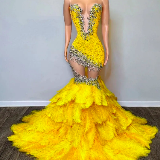 Rhinestones Yellow Prom Dresses for Black Girls Feather Mermaid Luxury Birthday Party Dresses Robes De Soiree Femme Formal Occasion Dresses Sexy Fashion Evening Gowns
