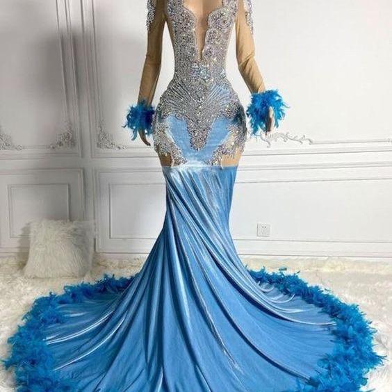 Feather Blue Prom Dresses 2024 Custom Plus Size Rhinestones Luxury Prom Gown for Black Girls 2025 Velvet Elegant Arabic Formal Occasion Dresses