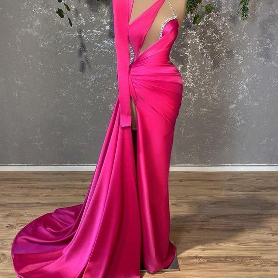 Hot Pink One Shoulder Prom Dresses for Women Dubai Fashion Simple Satin Evening Dresses Modest Beading Arabic Formal Gown Vestidos De Gala