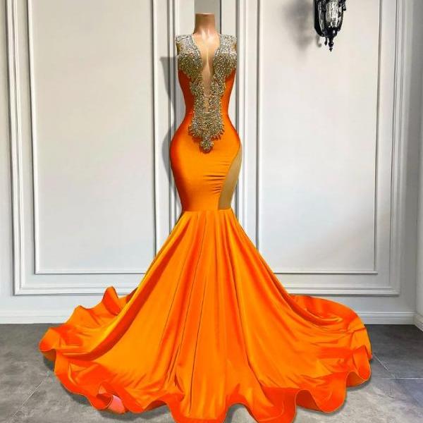 Orange Beading Prom Dresses for Black Girls Fashion Elegant Diamonds Party Dresses Queen Rhinestones Luxury Evening Gown Vestidos De Fiesta