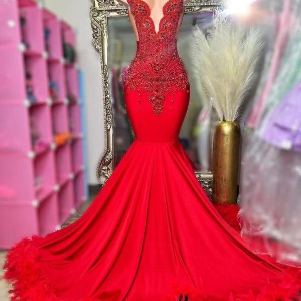 Red Feather Prom Dresses 2024 Rhinestones Beading Modest Evening Gown 2025 Formal Occasion Dresses Vestidos De Gala Abendkleider Custom Prom Gown