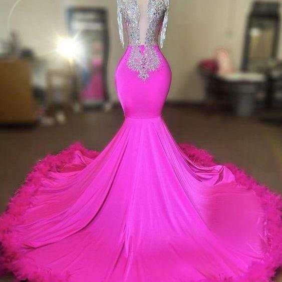 Diamonds Luxury Prom Dresses 2025 Feather Tassel Beading Hot Pink Prom Gown 2024 Vestidos De Gala Formal Occasion Dresses Elegant Sparkly Party Dresses