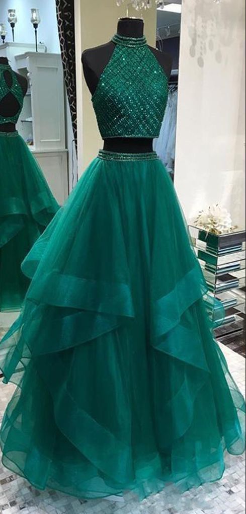 2 Piece Prom Dresses 2022 High Neck Beaded Hunter Green Elegant Cheap ...