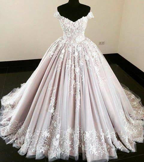 Off The Shoulder Pink Wedding Dresses Ball Gown Lace Applique Elegant ...