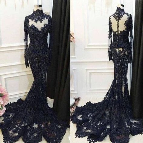 Black Evening Dresses 2023 Long Sleeve High Neck Lace Applique Elegant ...
