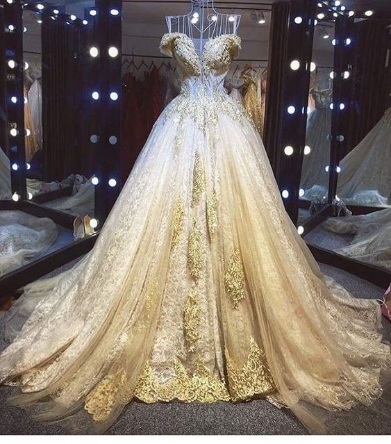 Gold Prom Dresses Ball Gown Sparkly Lace Applique Beaded Off The ...