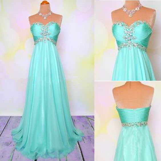 Turquoise Blue Beaded Prom Dresses Long Chiffon Sweetheart Elegant ...