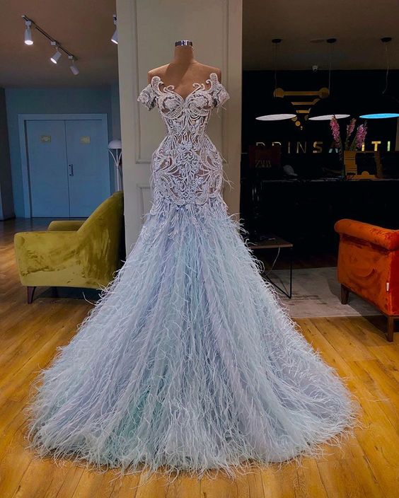 Luxury Modest Feather Evening Dresses Prom Gown Blue Trumpet Lace ...