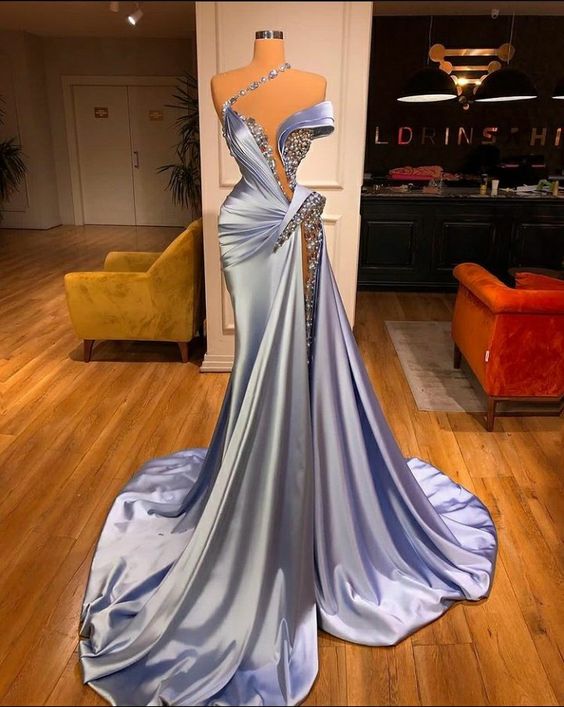 Blue Beaded Evening Dresses 2023 Crystals Mermaid Modest Luxury Elegant ...