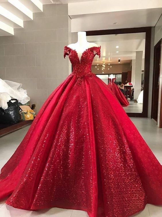 Glitter Red Prom Dresses Ball Gown V Neck Elegant Sparkly Luxury Prom ...