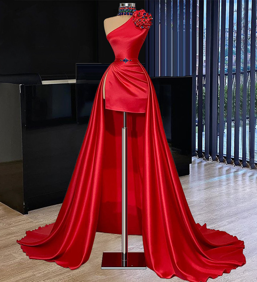 High Neck Red Prom Dresses 2022 Beaded One Shoulder Elegant Satin Cheap