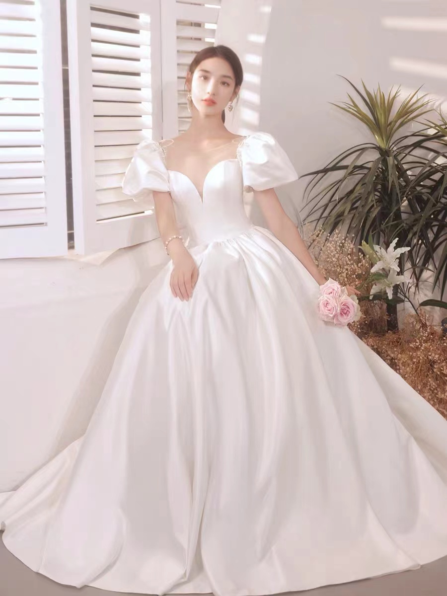 Boho Wedding Dresses 2023 Vintage Simple Satin Short Sleeve Elegant A ...