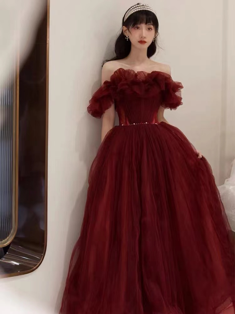 Burgundy Tulle Prom Dresses For Women Custom Make A Line Simple Cheap ...