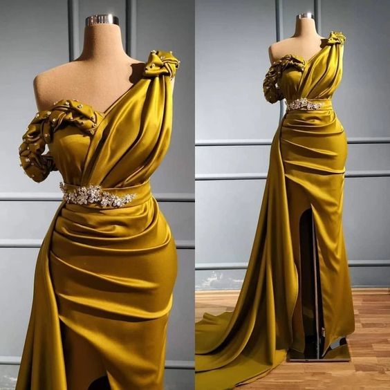 One Shoulder Beaded Prom Dresses Long Mustard Mermaid Elegant Vintage ...
