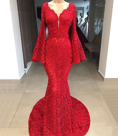 Designer Red Long Mermiad V-neck Lace Evening Dresses With Sleeves     fg2903 main image 1