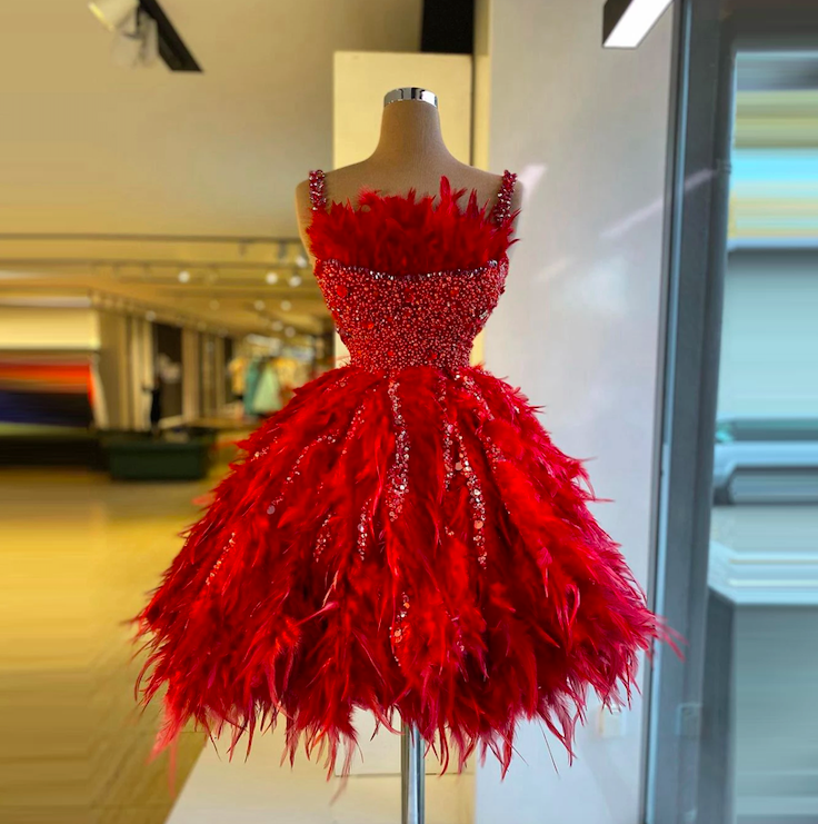 Red Feather Prom Dresses Short Cocktail Dress Beaded Prom Ball Gown ...