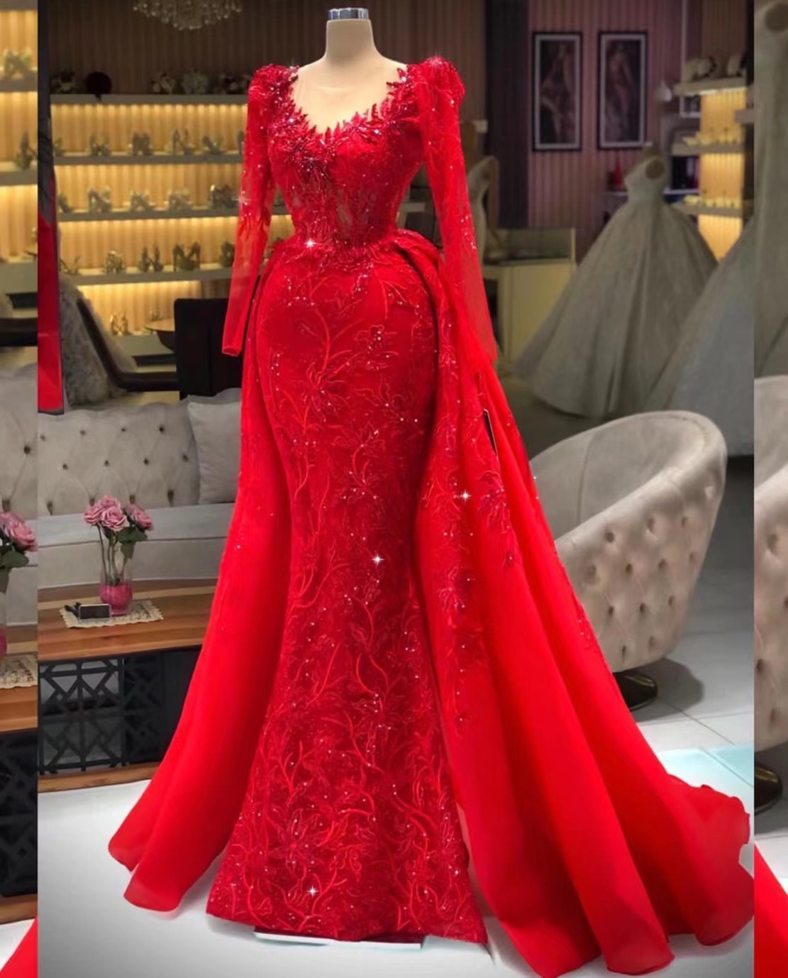 Vestidos De Fiesta Red Lace Applique Prom Dresses V Neck Long Sleeve ...
