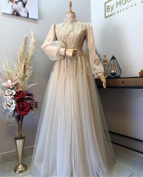 Tulle Beaded Muslim Evening Dresses Long Sleeve Formal Party Prom Gown High Neck Dress