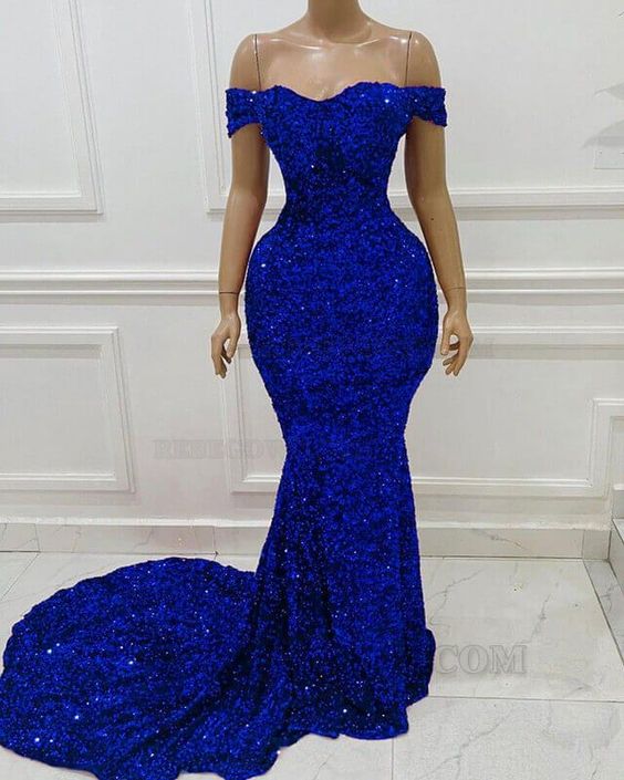 2024 Fashion Prom Dresses For Women Off The Shoulder Royal Blue Sparkly ...