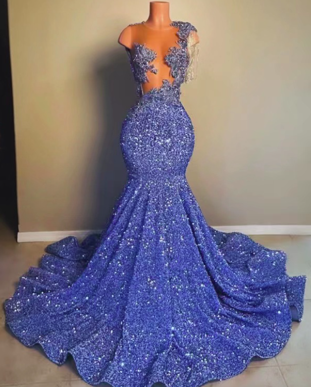 Tassels Beading Applique Prom Dresses 2025 Blue Sparkly Custom Prom ...